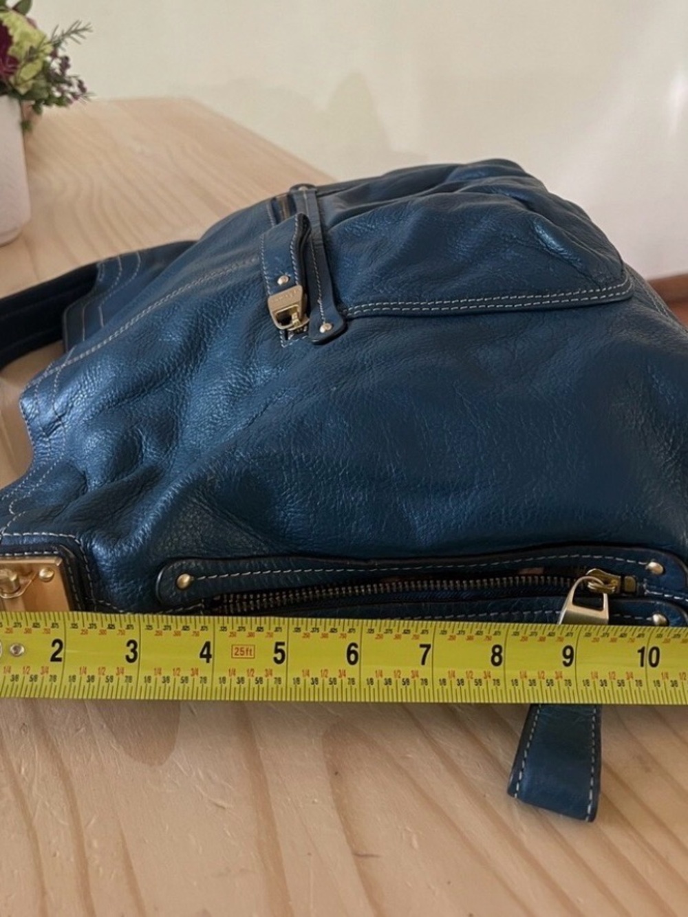 B. Makowsky Teal Pebbled Leather Hobo Shoulder Bag with Chain Accent - Picture 4 of 7